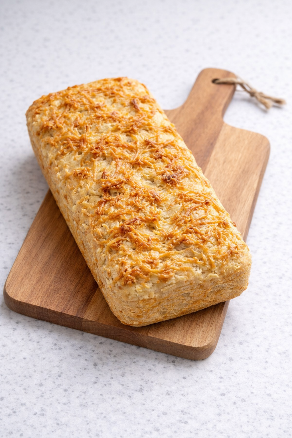 Pão de parmesão da Tavola apoiado sobre uma tábua de madeira.